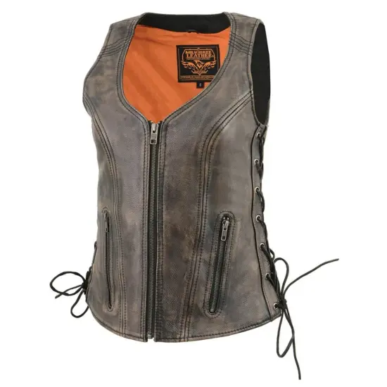 MILWAUKEE LEATHER – Vest de Cuero Vintage Mujer Café Desgastado - Imagen 2