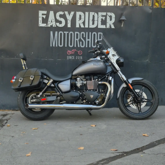 Texto alternativo: Triumph Speedmaster usada 2014 gris grafito perfil lateral con alforjas y parabrisas